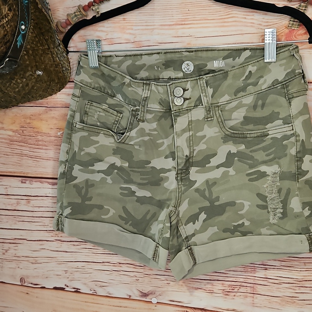 Camouflage Green Denim Shorts